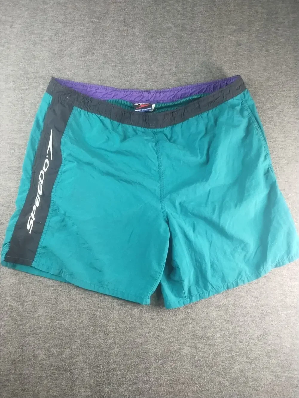 Vintage SPEEDO Teal Spell Out Pockets Mesh Lining Swim Trunk Board Short Size L